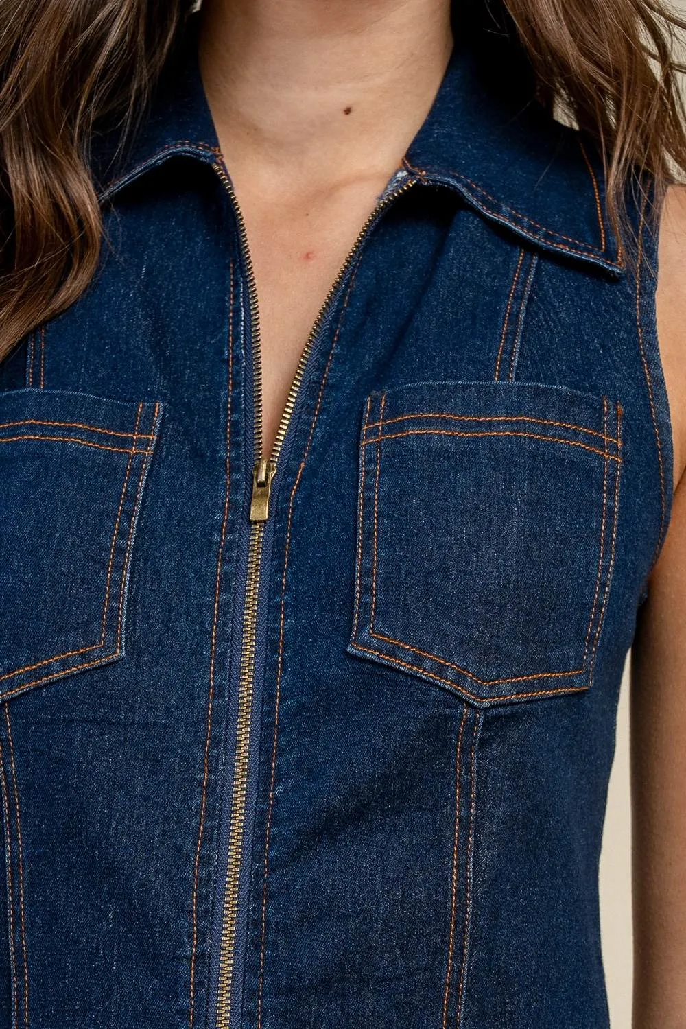 BD13375N / SLEEVELESS ZIP-FRONT DENIM MIDI DRESS WITH CONTRAST STITCH sold by privy product image thumbnail 5
