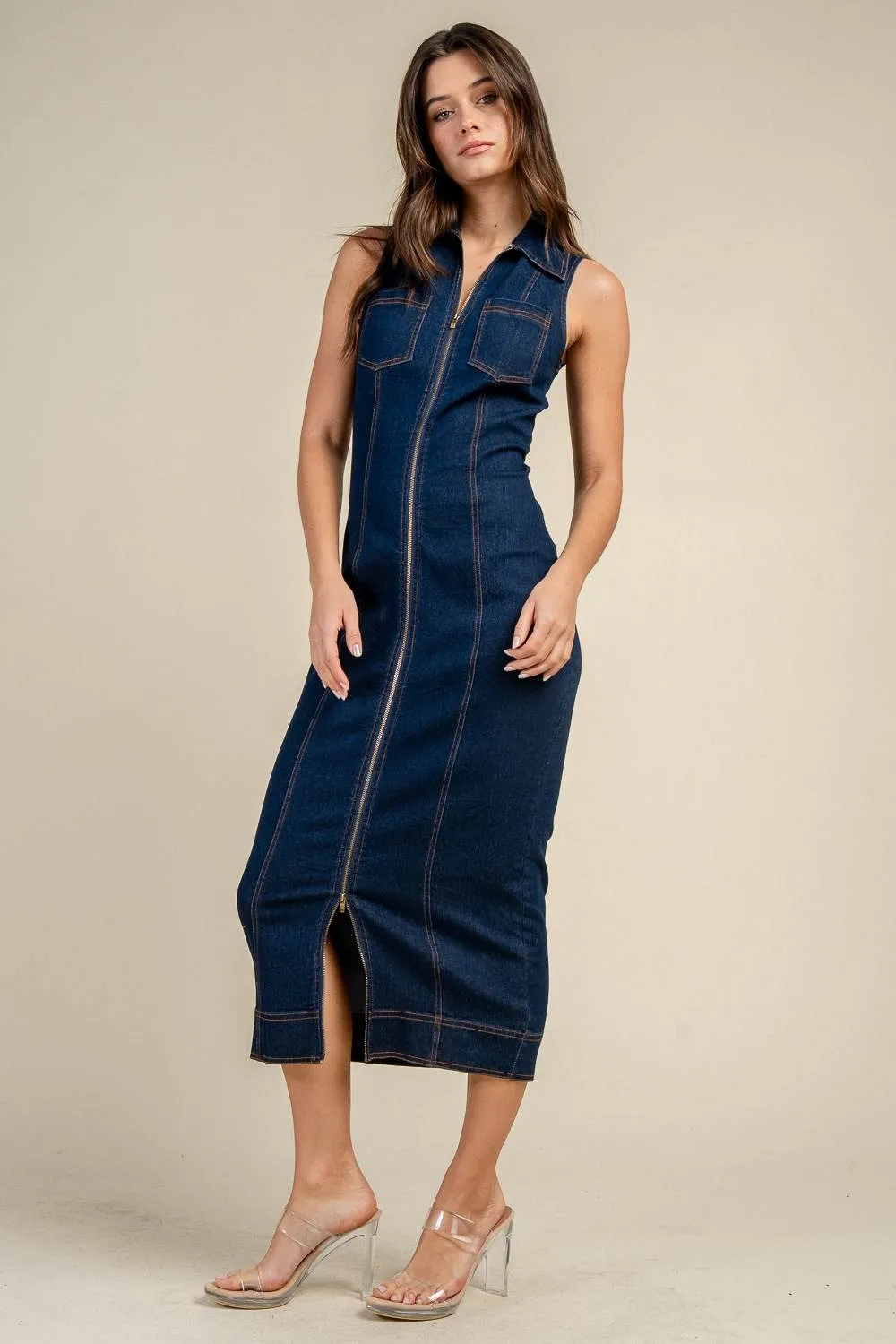 BD13375N / SLEEVELESS ZIP-FRONT DENIM MIDI DRESS WITH CONTRAST STITCH sold by privy product image thumbnail 2