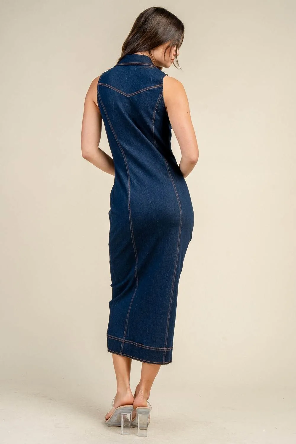 BD13375N / SLEEVELESS ZIP-FRONT DENIM MIDI DRESS WITH CONTRAST STITCH sold by privy product image thumbnail 3