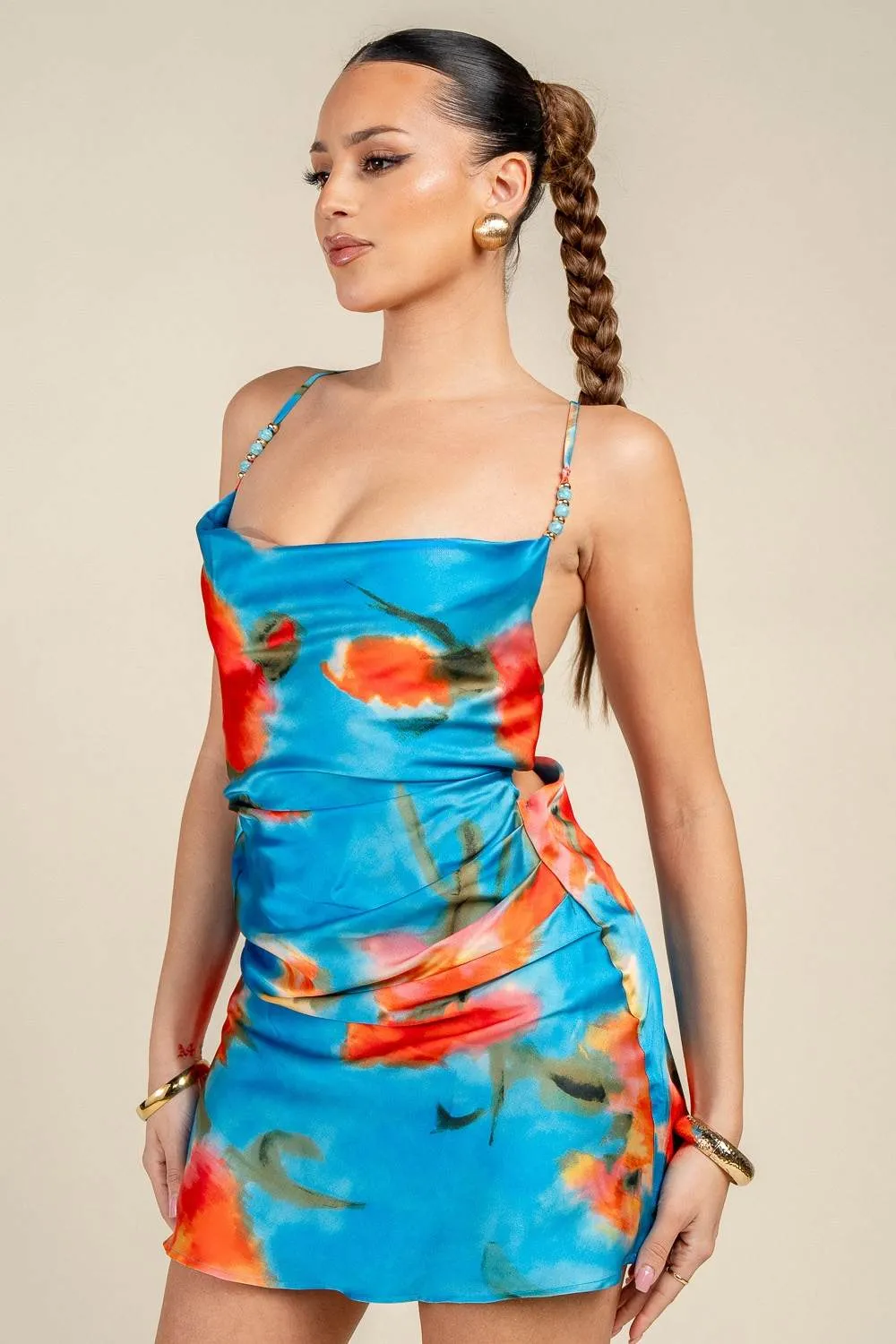 YD30206KFN / FLORAL PRINT SATIN COWL NECK LACE-UP BACK MINI DRESS sold by privy product image thumbnail 2