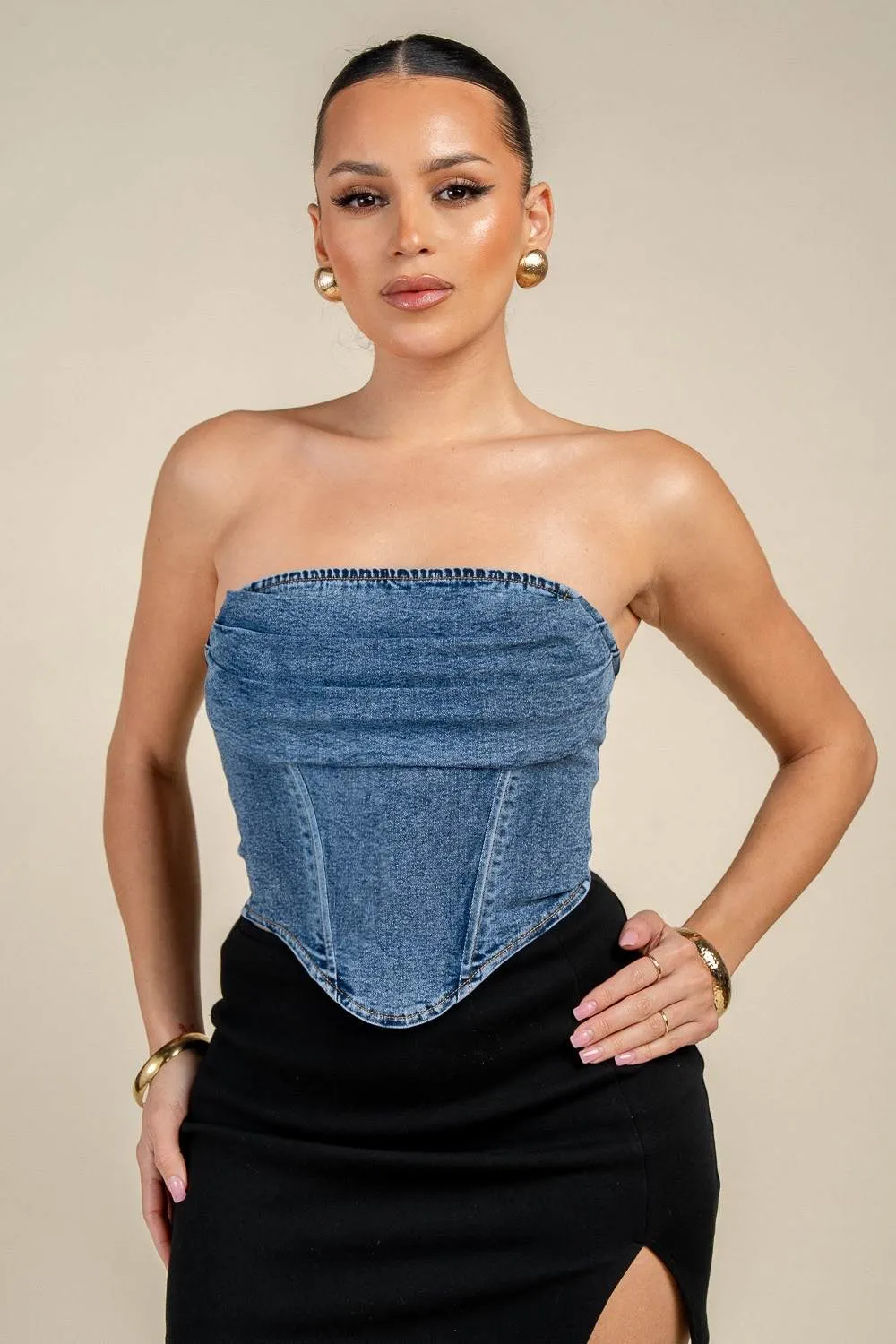 PT45650D / STRAPLESS DENIM CORSET STRUCTURED TOP sold by privy product image thumbnail 4