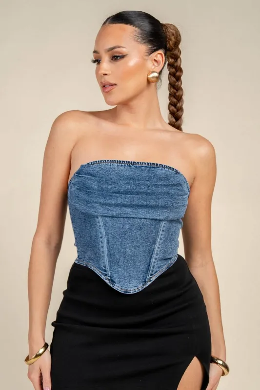 PT45650D / STRAPLESS DENIM CORSET STRUCTURED TOP made by privy