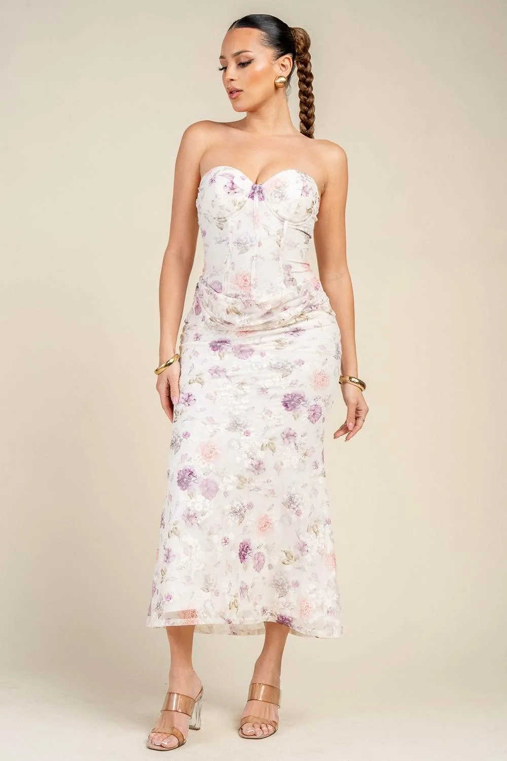 PD79633S / STRAPLESS FLORAL PRINT CORSET MIDI DRESS sold by privy product image thumbnail 4