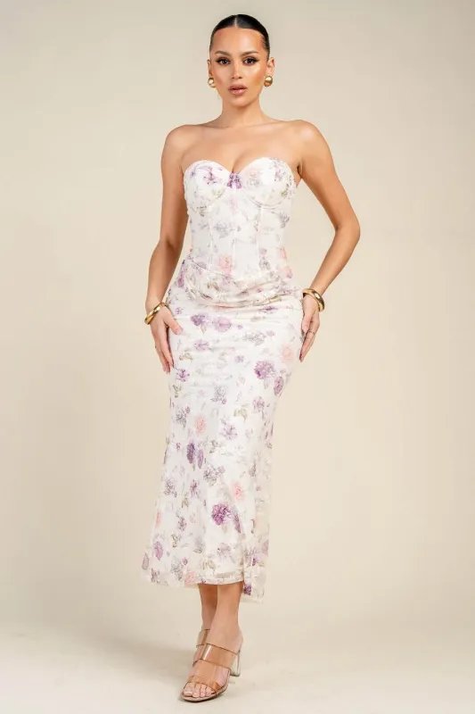PD79633S / STRAPLESS FLORAL PRINT CORSET MIDI DRESS made by privy