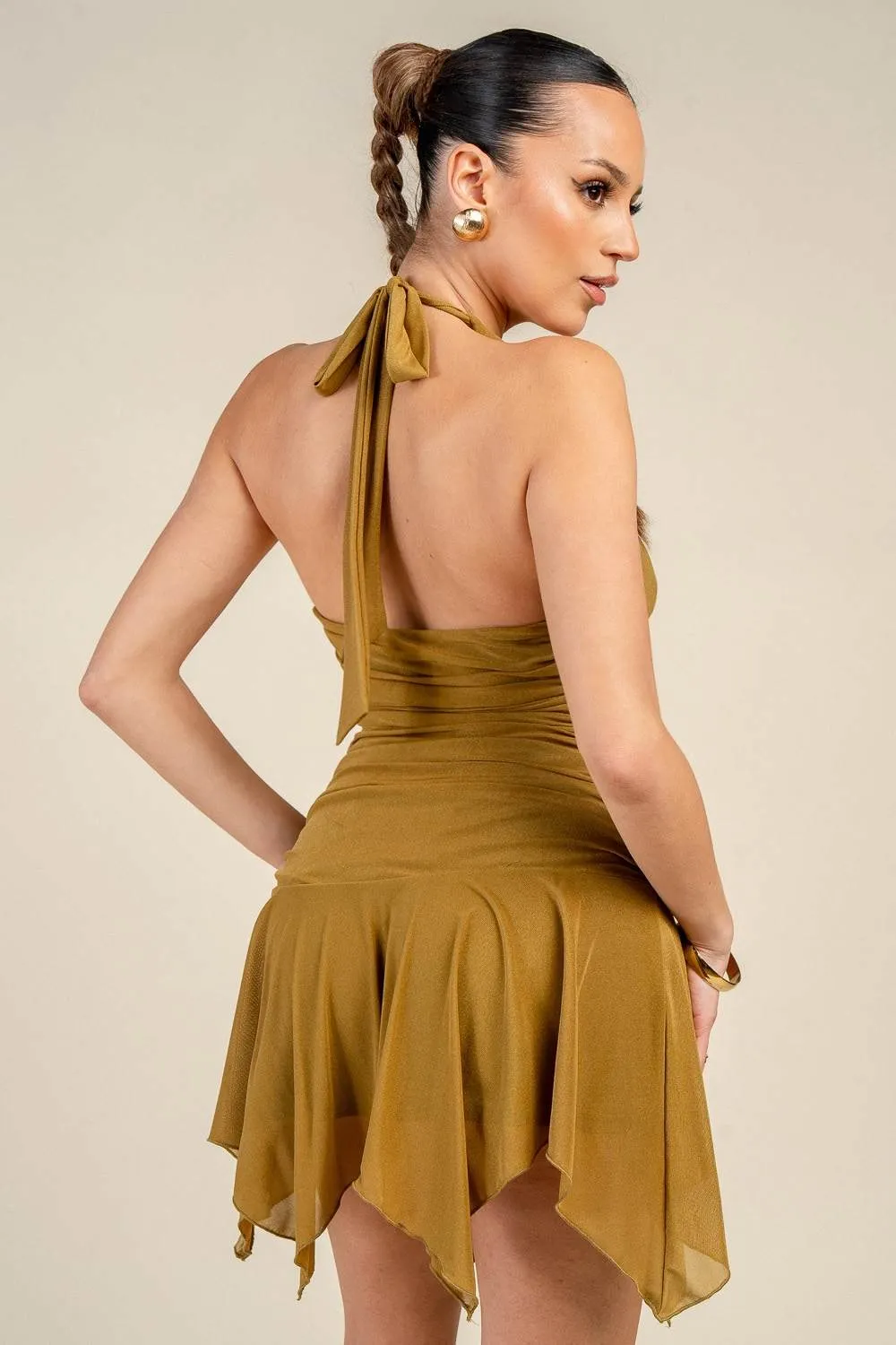 PD79559K / HALTER NECK RUCHED WAIST ASYMMETRIC HEM MINI DRESS sold by privy product image thumbnail 3