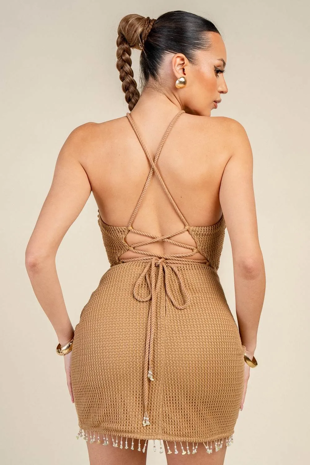 HD30994N / HALTER NECK LACE-UP BACK FRINGE DETAIL MINI DRESS sold by privy product image thumbnail 3