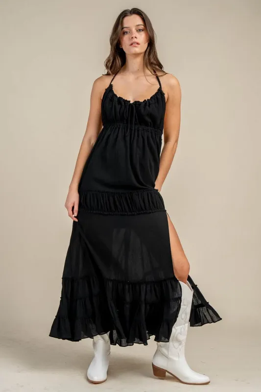 CD30821S / HALTER NECK TIE BACK TIERED MAXI DRESS made by privy