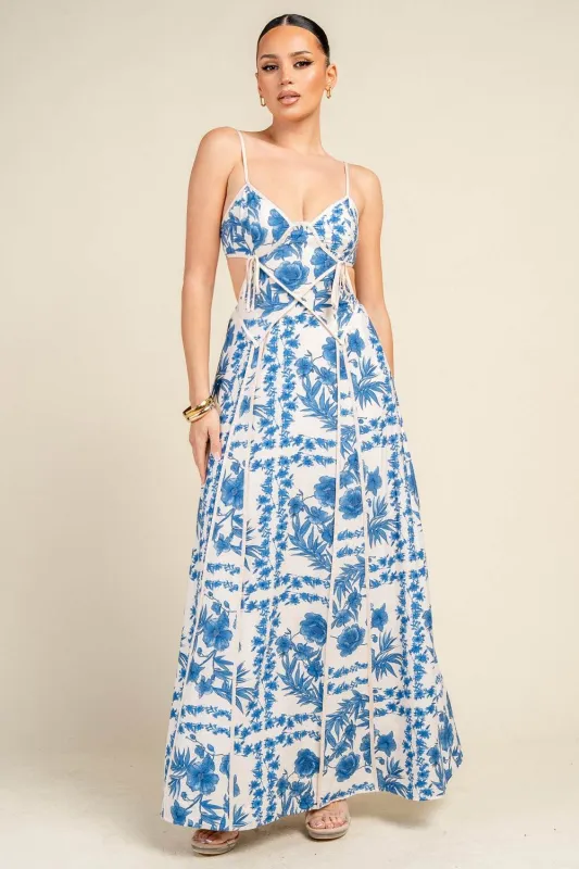 YD30092E / FLORAL PRINT CUT-OUT BACK TIE MAXI DRESS made by privy