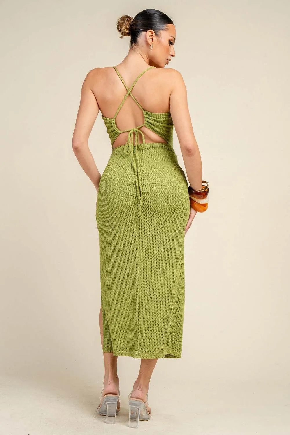 HD30621E / RUCHED CUT-OUT MESH CROSS BACK MIDI DRESS sold by privy product image thumbnail 3