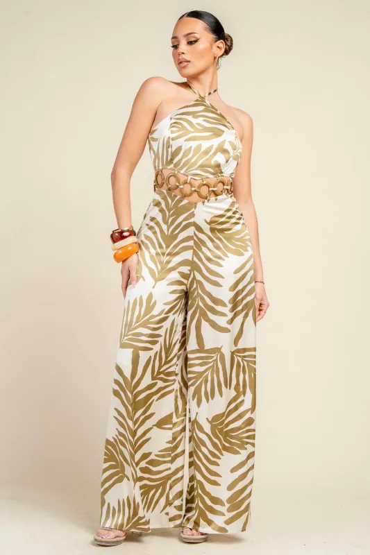 YJ1012E / HALTER NECK LEAF PRINT WIDE LEG JUMPSUIT sold by privy