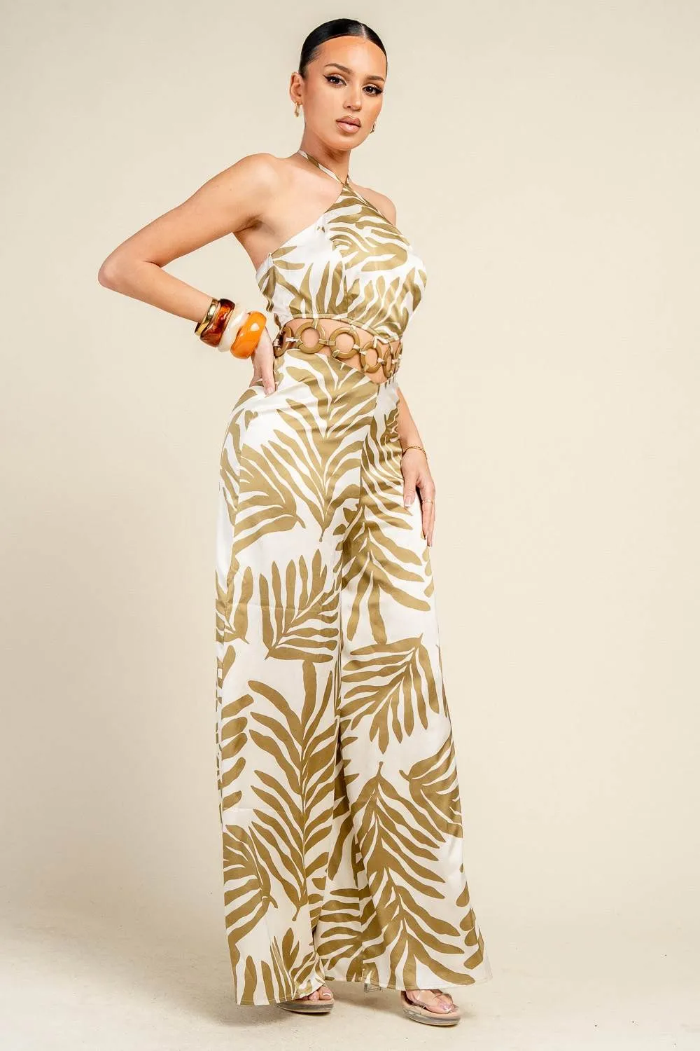 YJ1012E / HALTER NECK LEAF PRINT WIDE LEG JUMPSUIT sold by privy product image thumbnail 2