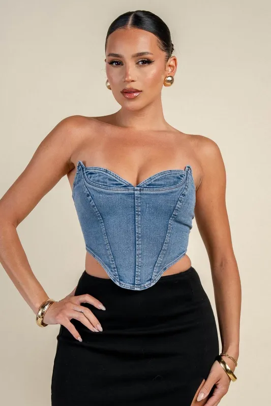 PT45692D / DENIM STRAPLESS CORSET TOP made by privy