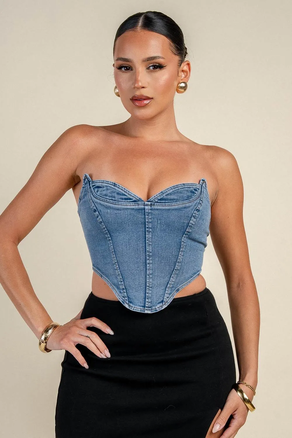 PT45692D / DENIM STRAPLESS CORSET TOP sold by privy