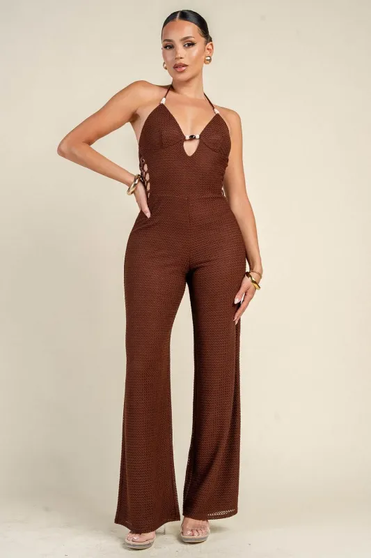 YJ1023K / HALTER CUT-OUT RING DETAIL JUMPSUIT made by privy