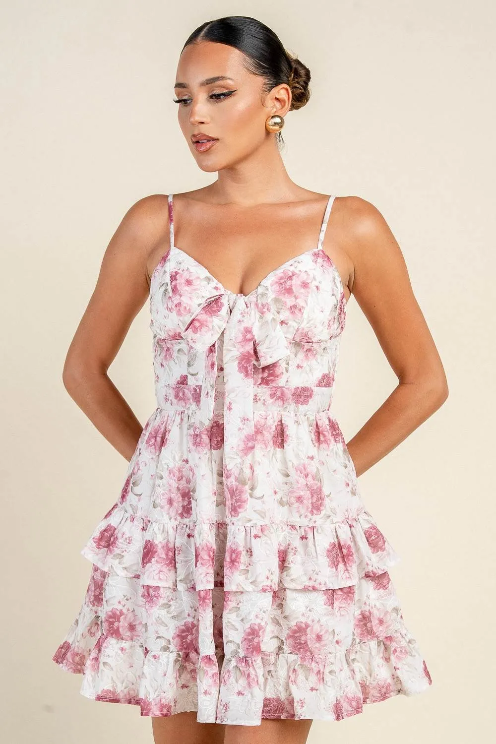 PD79553N / FLORAL PRINT TIE-FRONT RUFFLED MINI DRESS sold by privy product image thumbnail 3