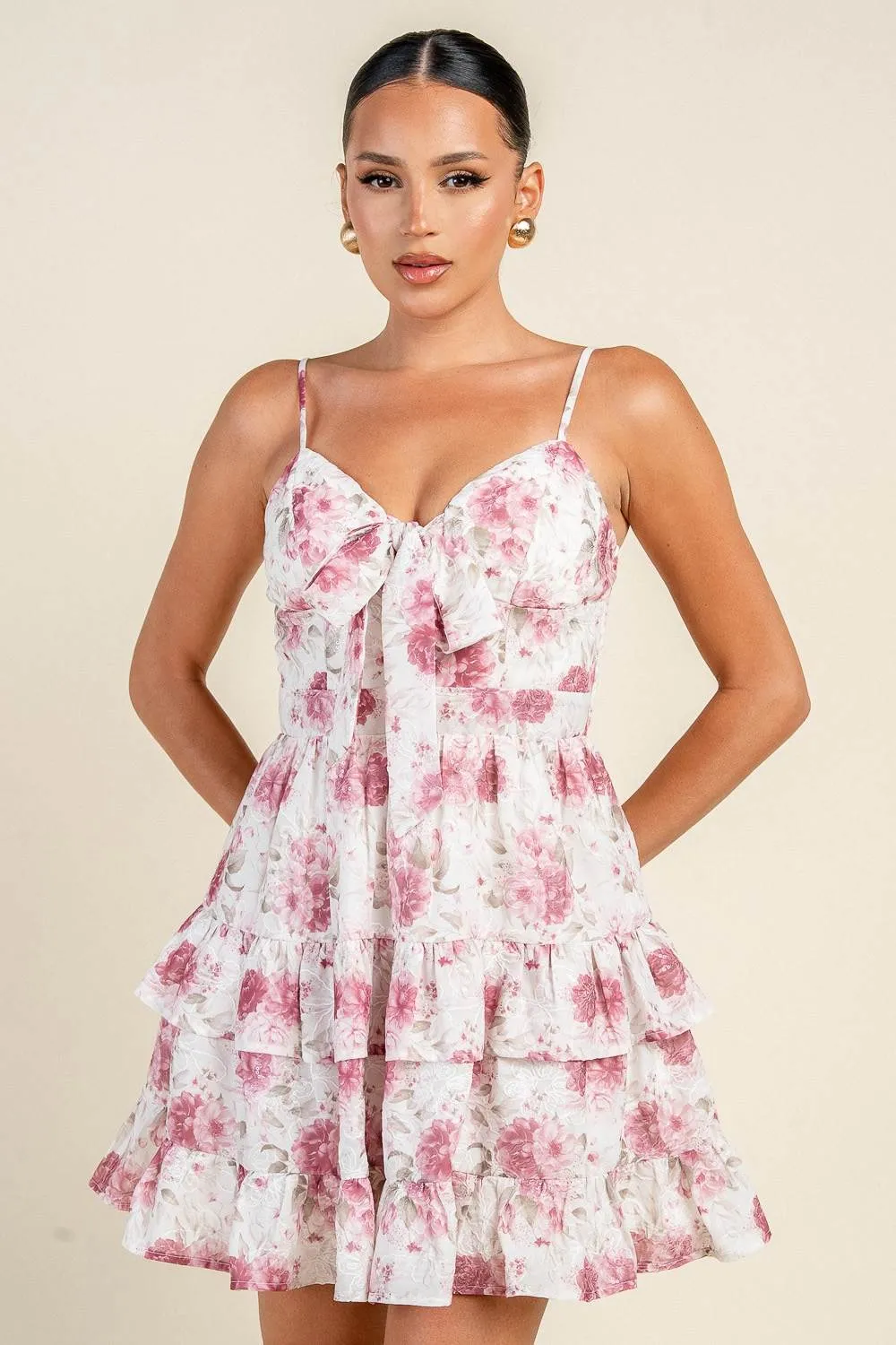 PD79553N / FLORAL PRINT TIE-FRONT RUFFLED MINI DRESS sold by privy