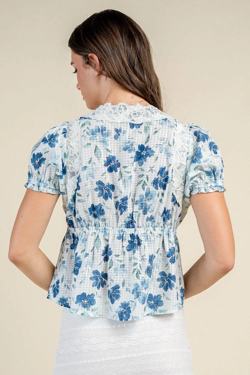 CT10869S / FLORAL LACE TRIM TIE FRONT PUFF SLEEVE BLOUSE sold by privy product image thumbnail 3