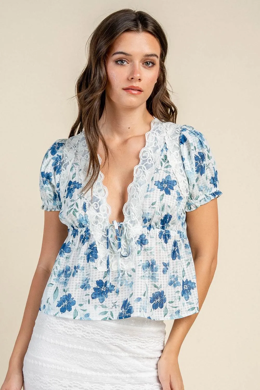 CT10869S / FLORAL LACE TRIM TIE FRONT PUFF SLEEVE BLOUSE sold by privy