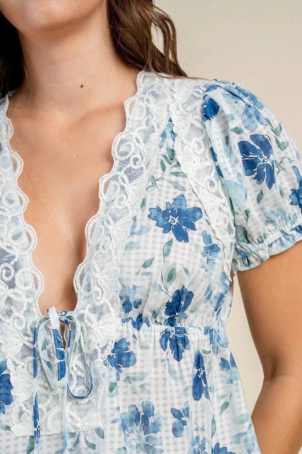 CT10869S / FLORAL LACE TRIM TIE FRONT PUFF SLEEVE BLOUSE sold by privy product image thumbnail 5