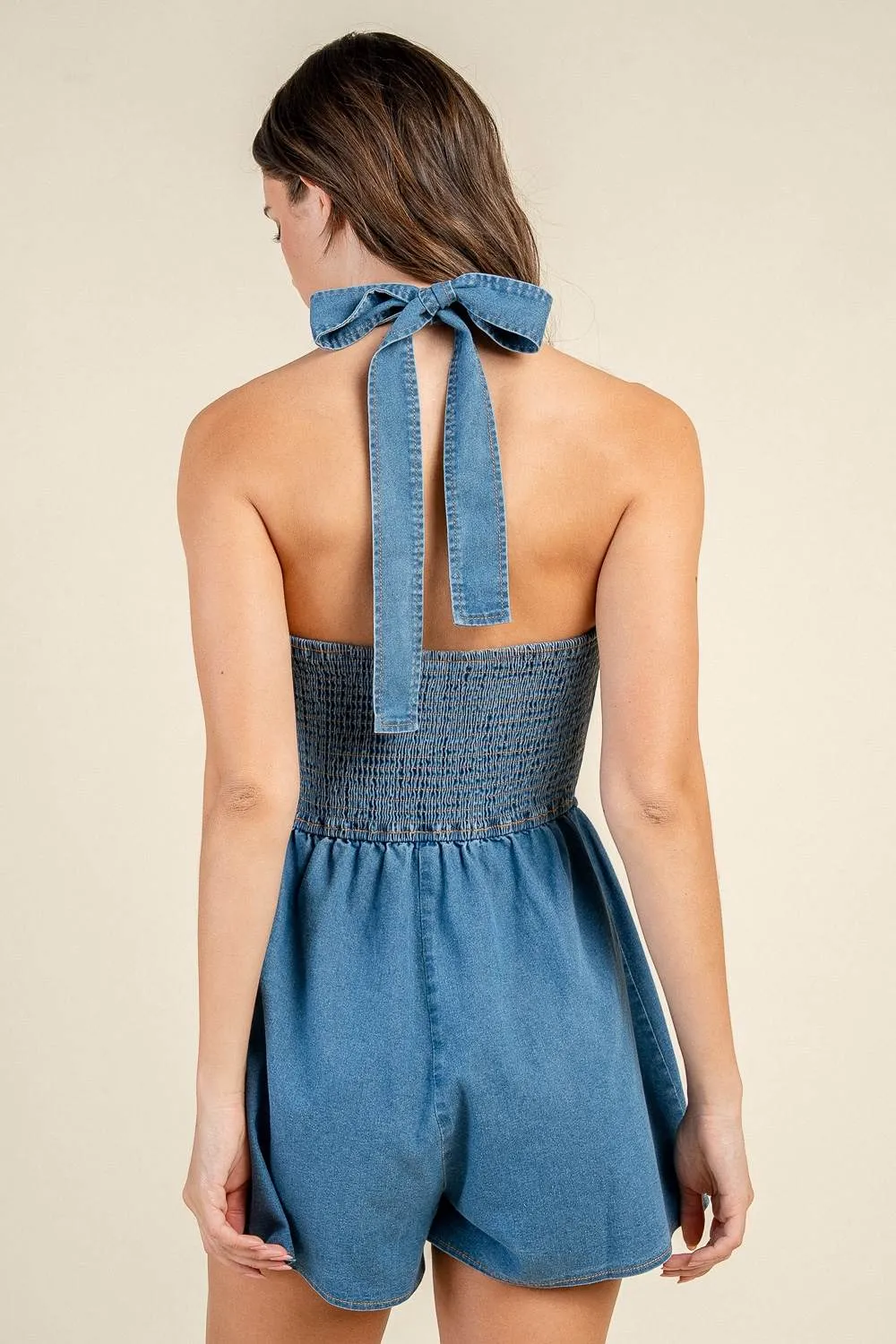 CJ40043D / DENIM HALTER NECK SMOCKED BACK FITTED ROMPER sold by privy product image thumbnail 3