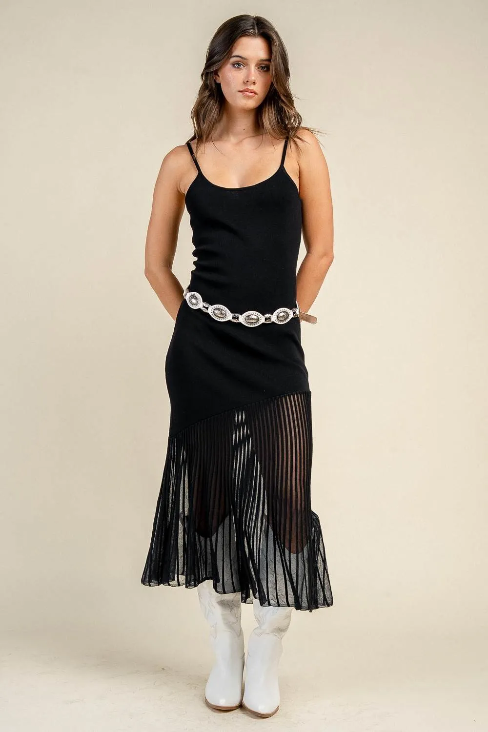 CD31045C / RIBBED KNIT CAMI PLEATED SHEER HEM MIDI DRESS sold by privy product image thumbnail 4