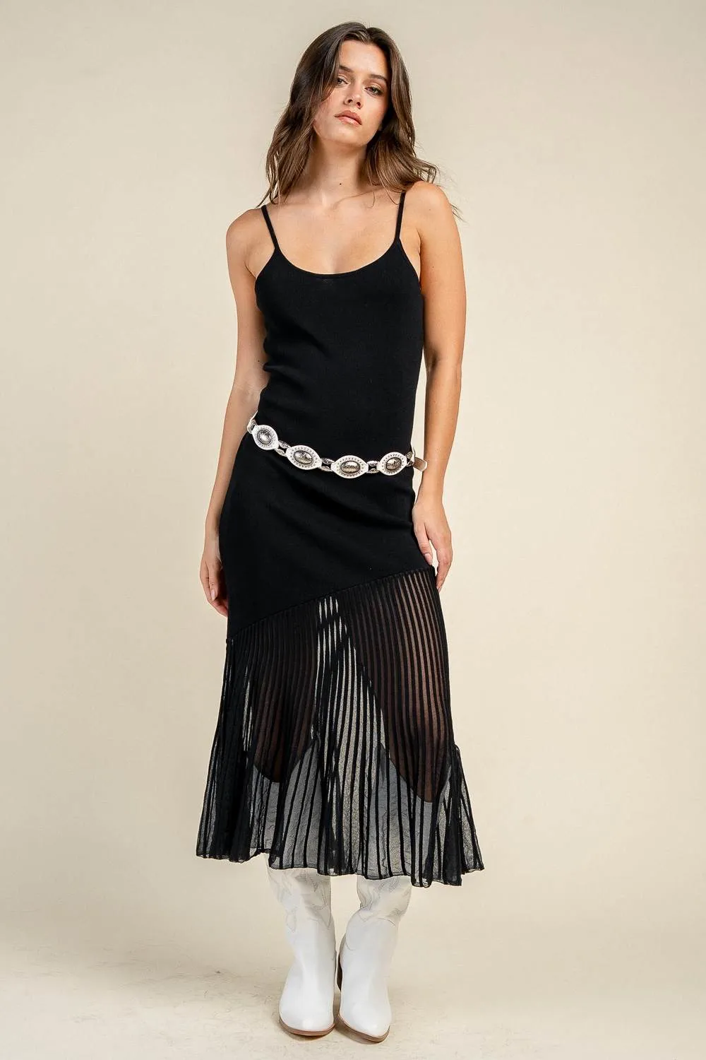 CD31045C / RIBBED KNIT CAMI PLEATED SHEER HEM MIDI DRESS sold by privy