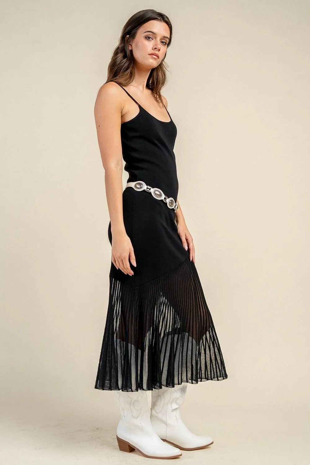CD31045C / RIBBED KNIT CAMI PLEATED SHEER HEM MIDI DRESS sold by privy product image thumbnail 2
