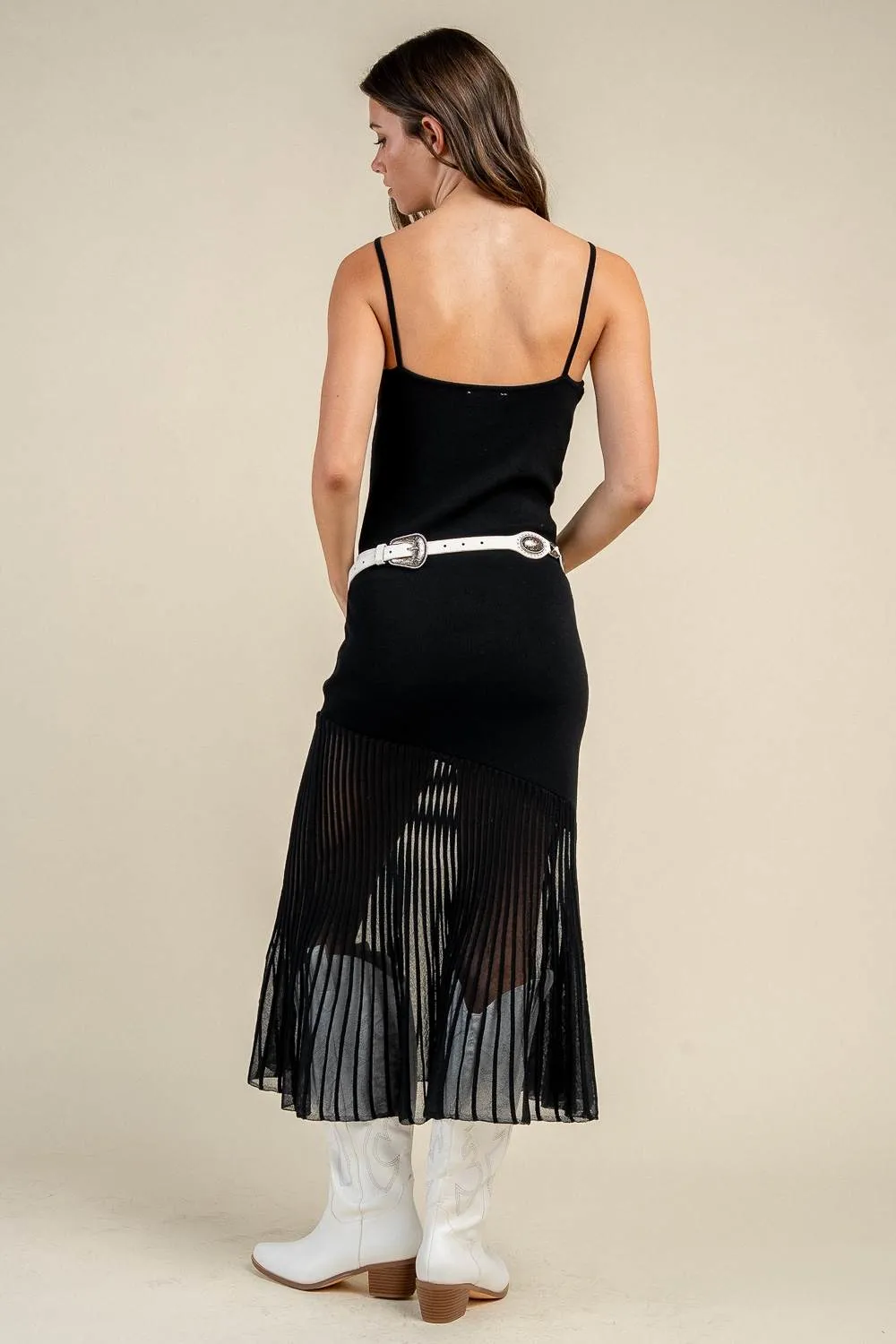 CD31045C / RIBBED KNIT CAMI PLEATED SHEER HEM MIDI DRESS sold by privy product image thumbnail 3