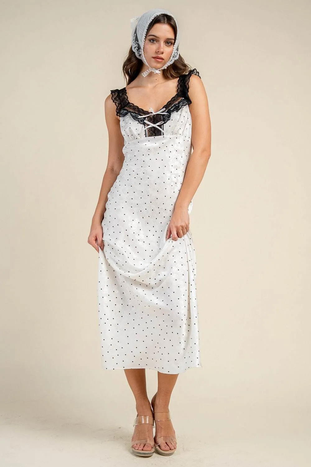 CD31038S / POLKA DOT LACE TRIM TIE FRONT MAXI DRESS sold by privy product image thumbnail 4