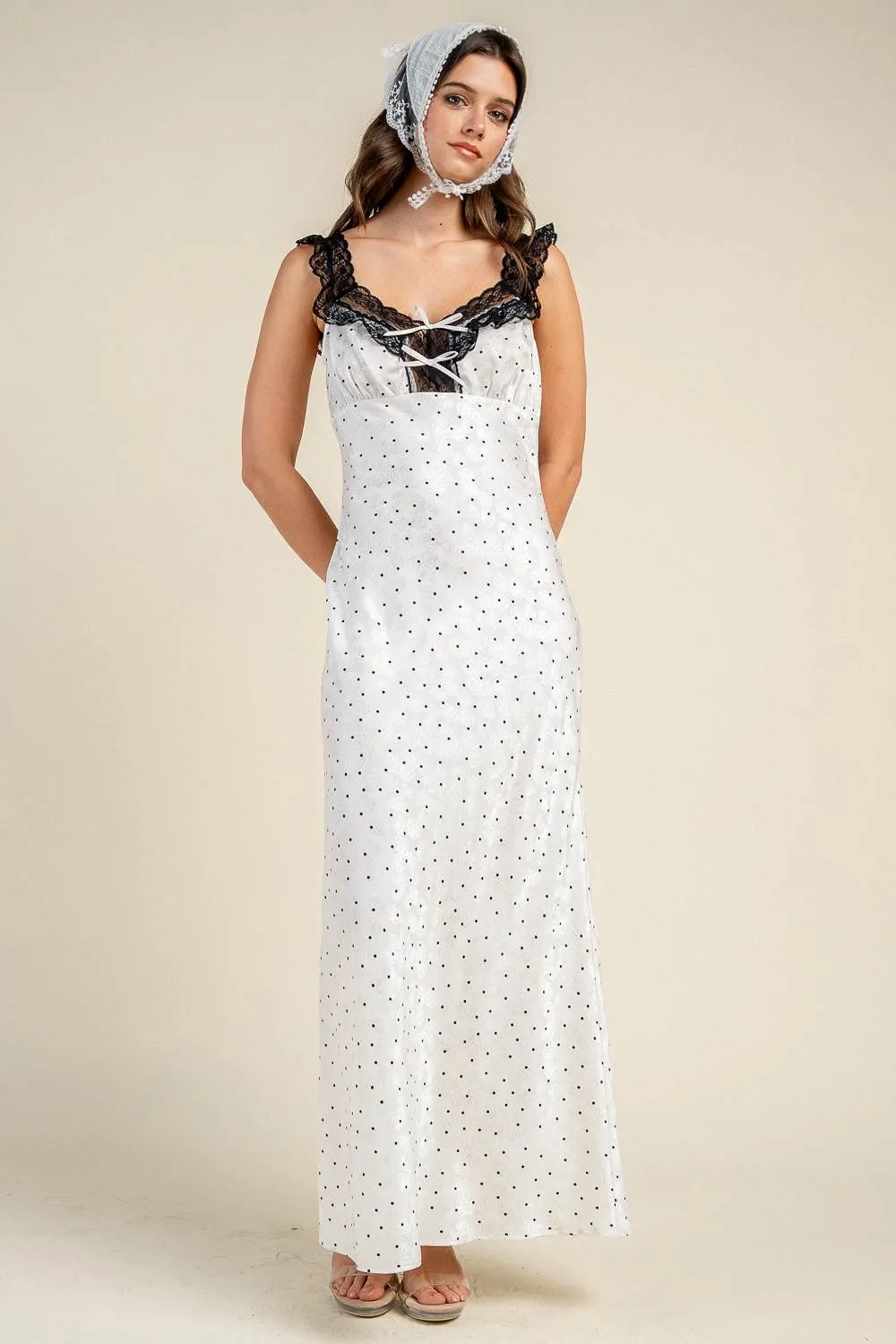 CD31038S / POLKA DOT LACE TRIM TIE FRONT MAXI DRESS sold by privy