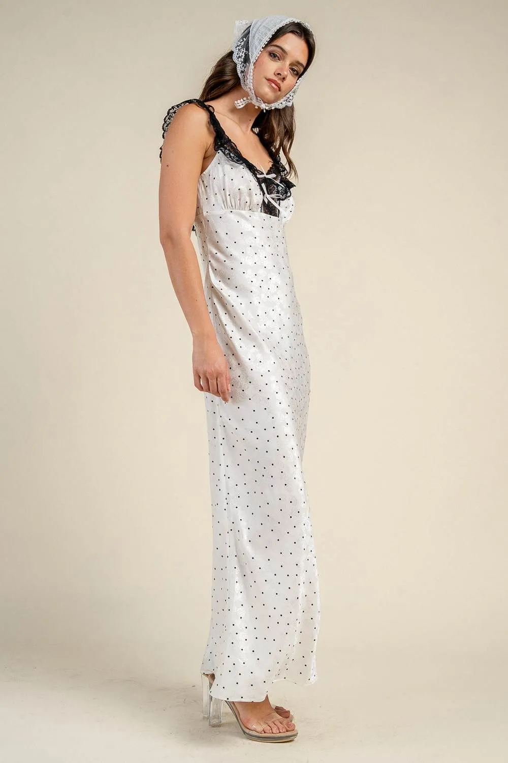 CD31038S / POLKA DOT LACE TRIM TIE FRONT MAXI DRESS sold by privy product image thumbnail 2