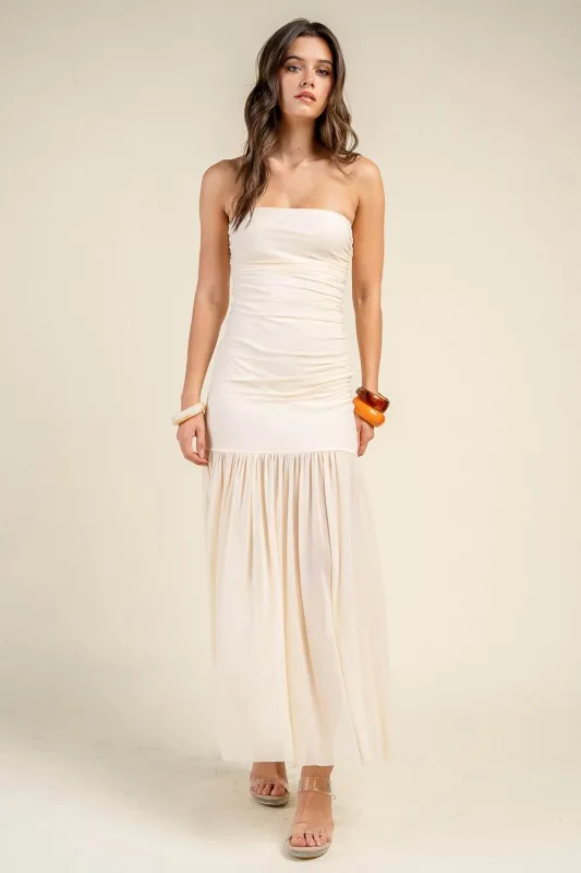 CD31029S / STRAPLESS RUCHED BODICE DROP WAIST MAXI DRESS made by privy