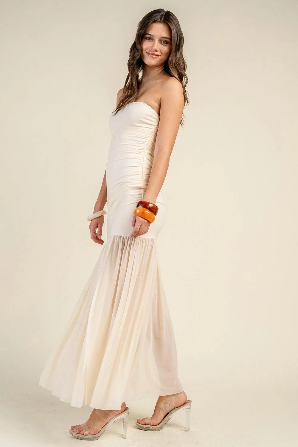 CD31029S / STRAPLESS RUCHED BODICE DROP WAIST MAXI DRESS sold by privy product image thumbnail 2