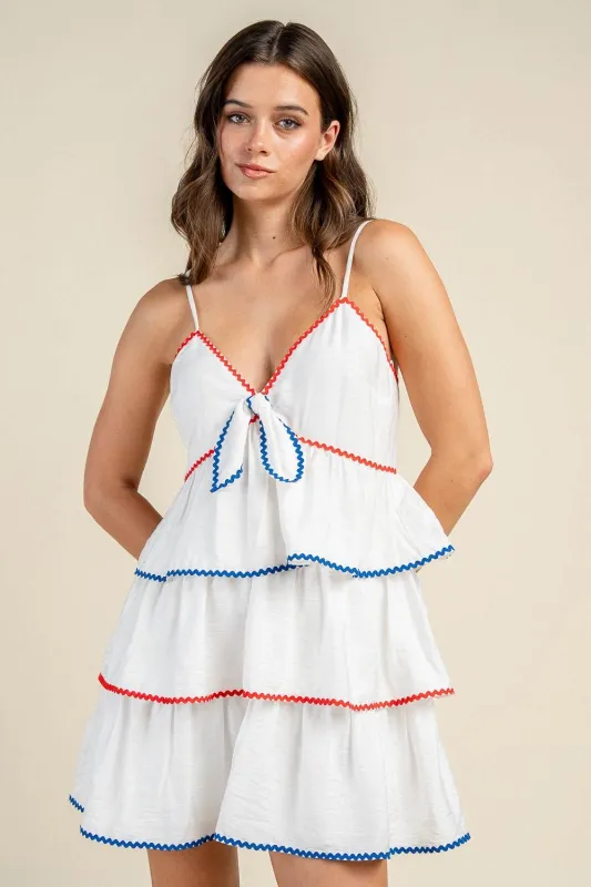 CD30939S / SCALLOP TRIM TIE FRONT TIERED CAMI MINI DRESS made by privy
