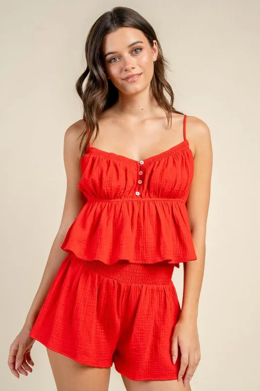 BS3693K / GAUZE BUTTON FRONT CAMI RUFFLE TOP & SMOCKED SHORTS SET made by privy