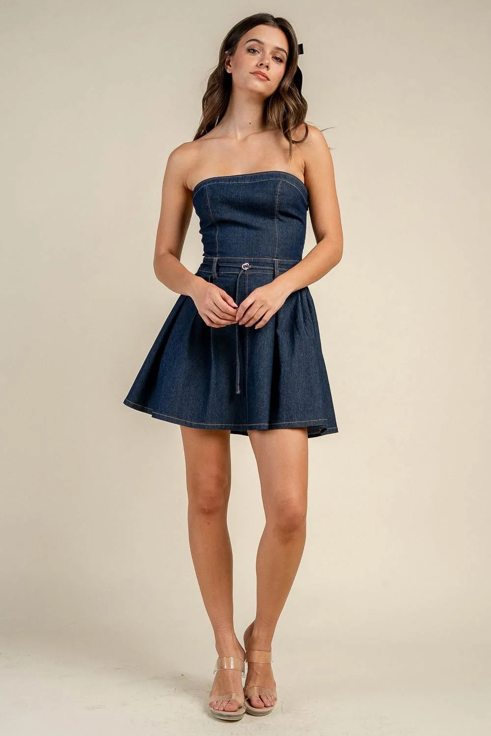 BD13460D / STRAPLESS DENIM FITTED BODICE BELTED MINI DRESS sold by privy product image thumbnail 5