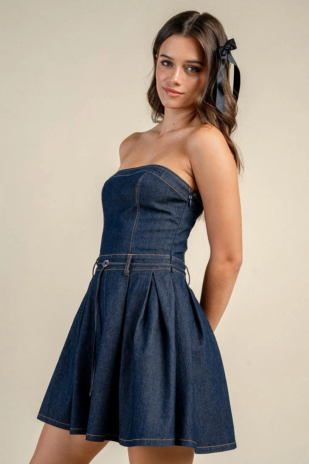 BD13460D / STRAPLESS DENIM FITTED BODICE BELTED MINI DRESS sold by privy product image thumbnail 2