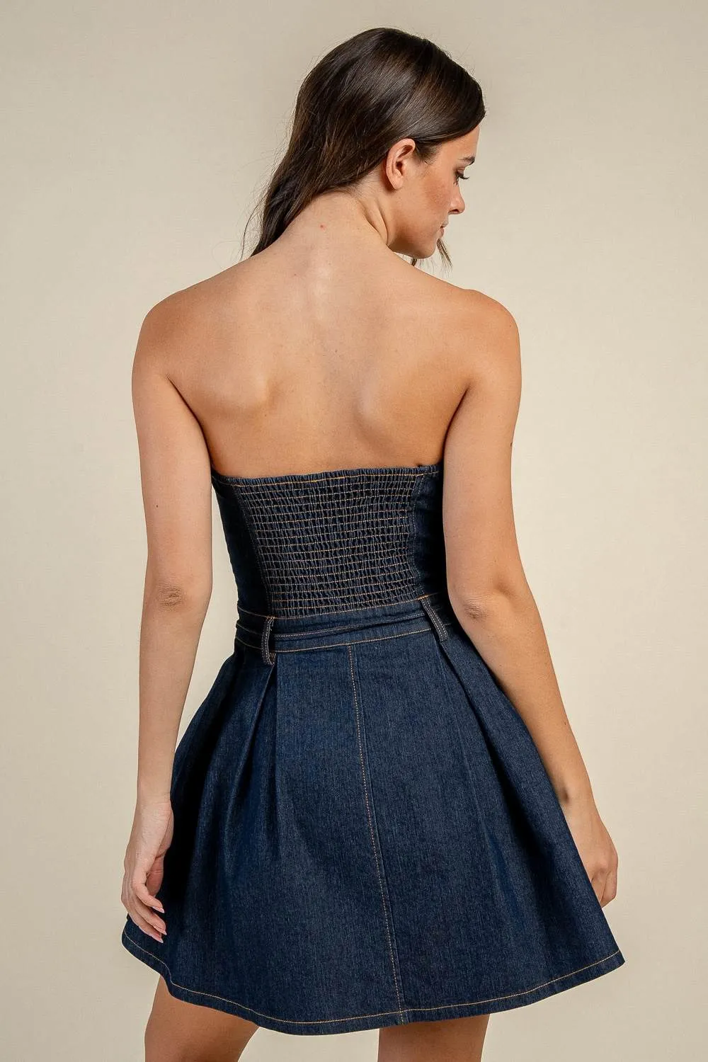 BD13460D / STRAPLESS DENIM FITTED BODICE BELTED MINI DRESS sold by privy product image thumbnail 3