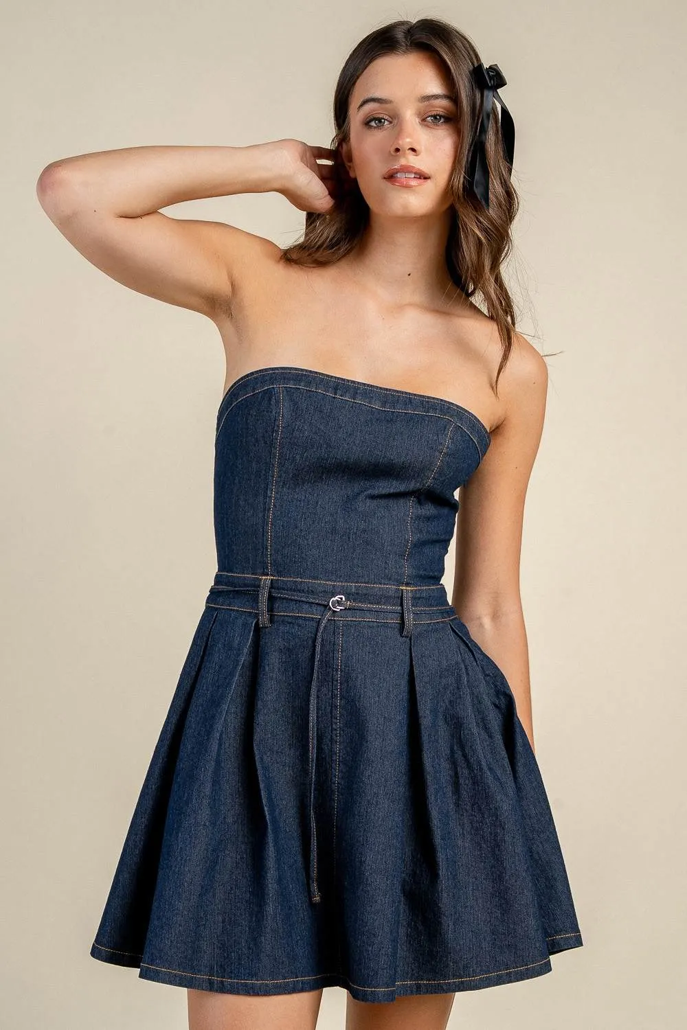 BD13460D / STRAPLESS DENIM FITTED BODICE BELTED MINI DRESS sold by privy product image thumbnail 4