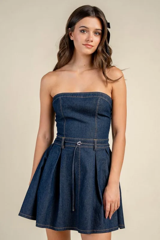 BD13460D / STRAPLESS DENIM FITTED BODICE BELTED MINI DRESS made by privy