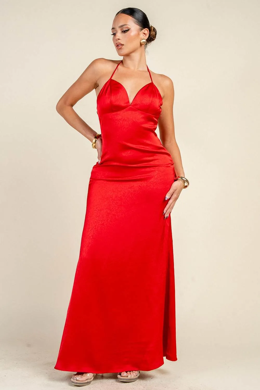 YD30269K / SATIN HALTER SLIP MAXI DRESS sold by privy