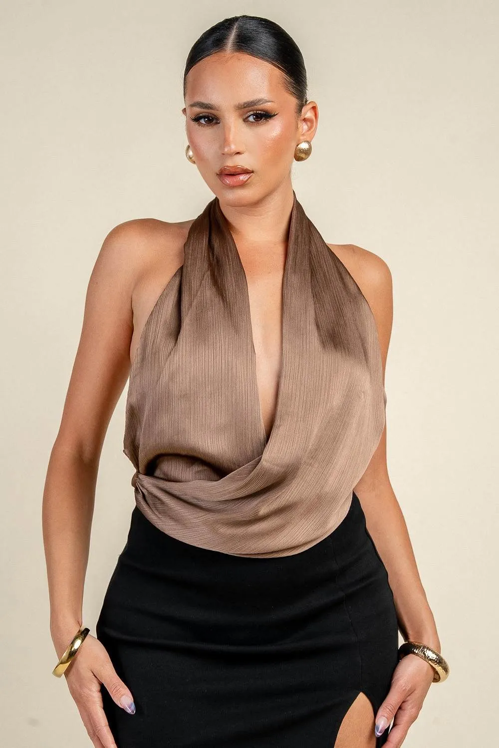 YT4080K / DRAPED HALTER COWL NECK BODYSUIT sold by privy