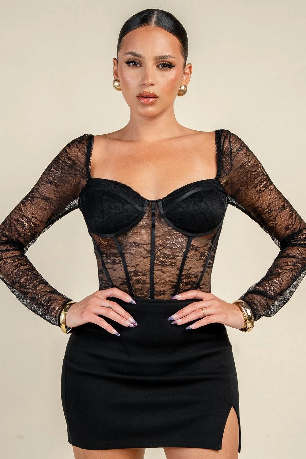 YT4051E / SHEER LACE CORSET LONG SLEEVE BODYSUIT sold by privy product image thumbnail 4