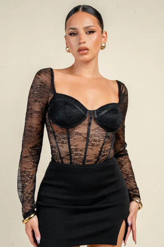 YT4051E / SHEER LACE CORSET LONG SLEEVE BODYSUIT made by privy