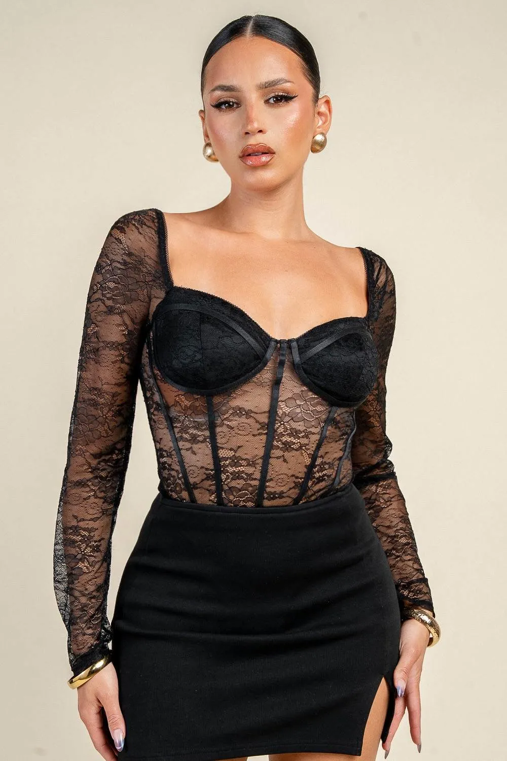 YT4051E / SHEER LACE CORSET LONG SLEEVE BODYSUIT sold by privy