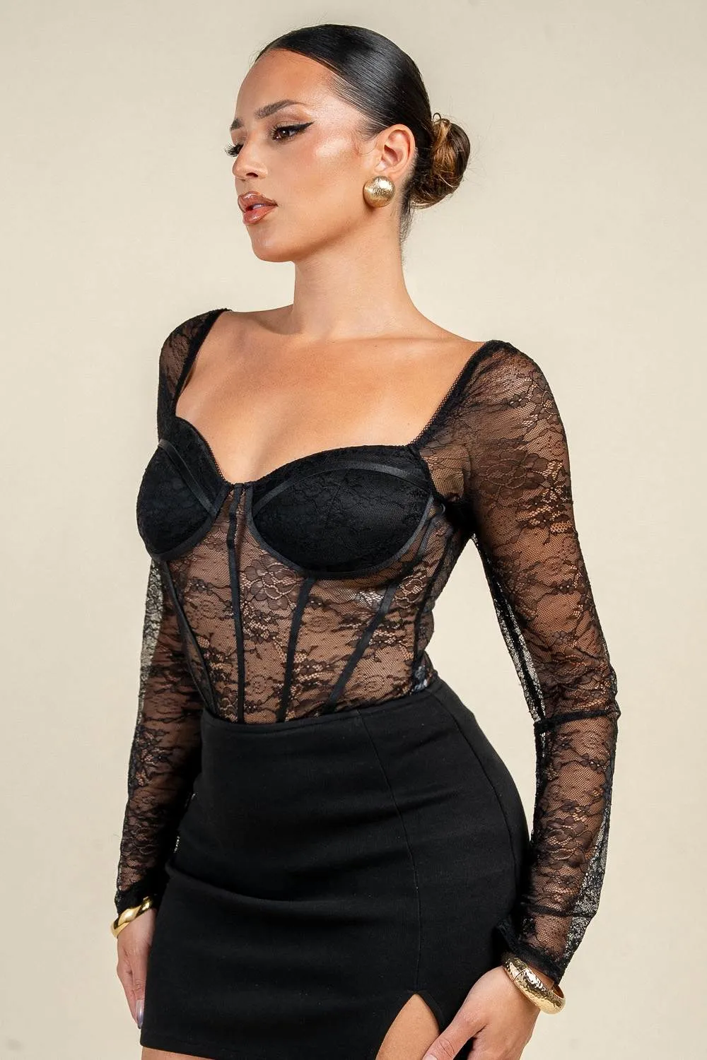 YT4051E / SHEER LACE CORSET LONG SLEEVE BODYSUIT sold by privy product image thumbnail 2