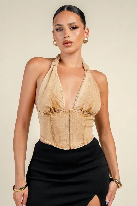 PT45642S / WASHED DENIM HALTER CORSET TOP made by privy