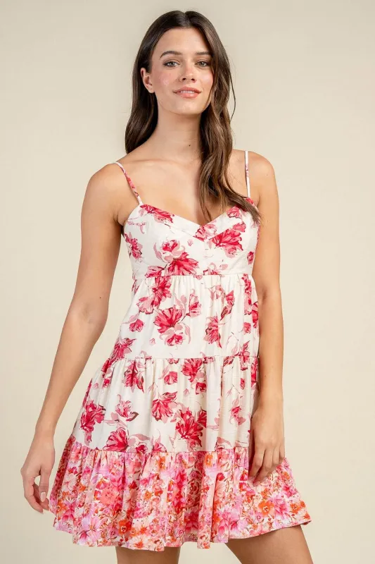 CD30957K / FLORAL PRINT MIX TIERED MINI DRESS made by privy