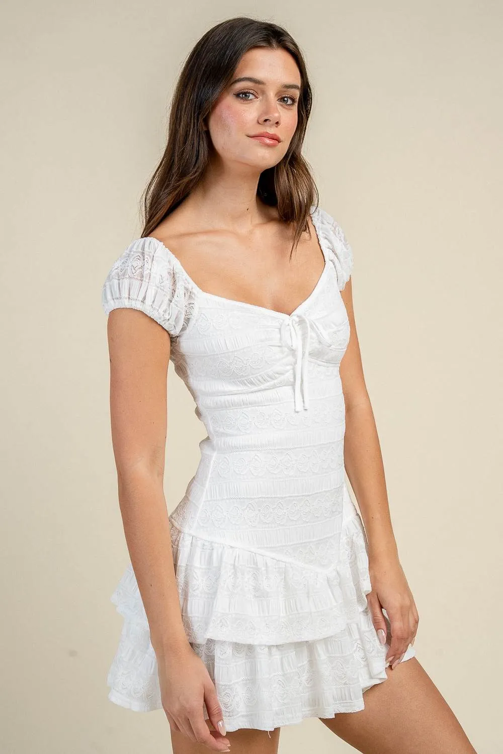 CD30990S / TEXTURED TIE FRONT RUFFLED MINI DRESS sold by privy product image thumbnail 2