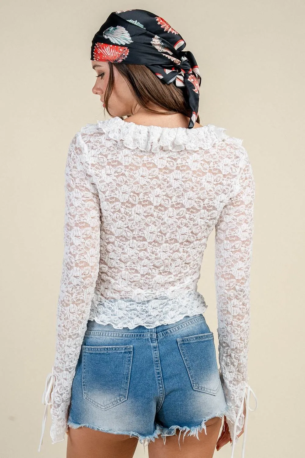 CT10669K / SHEER LACE RUFFLED TIE FRONT LONG SLEEVE TOP sold by privy product image thumbnail 3